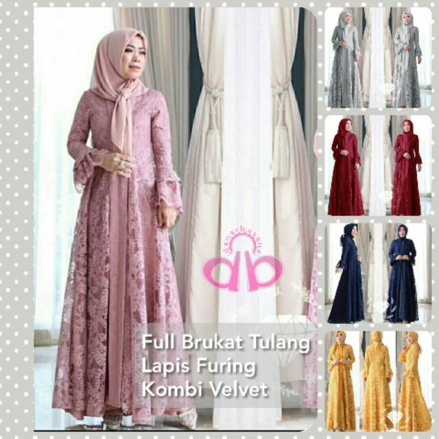 BAJU PESTA CANTIK GAMIS MAXI MEGA TERBARU MEWAH BAHAN BRUKAT TULANG FULL LAPIS FURING KOMBI VELVET