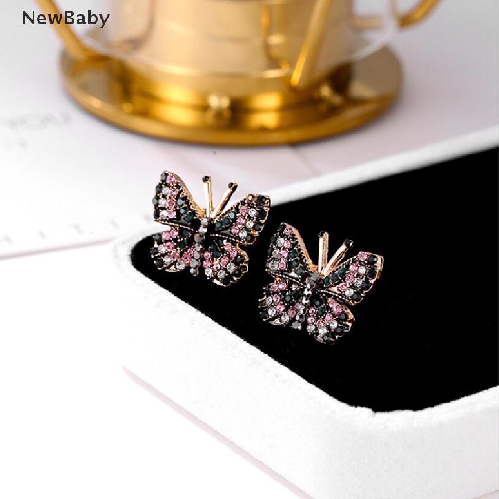 Anting Stud Desain Kupu-Kupu Aksen Kristal Berlian Imitasi Warna-Warni Untuk Wanita
