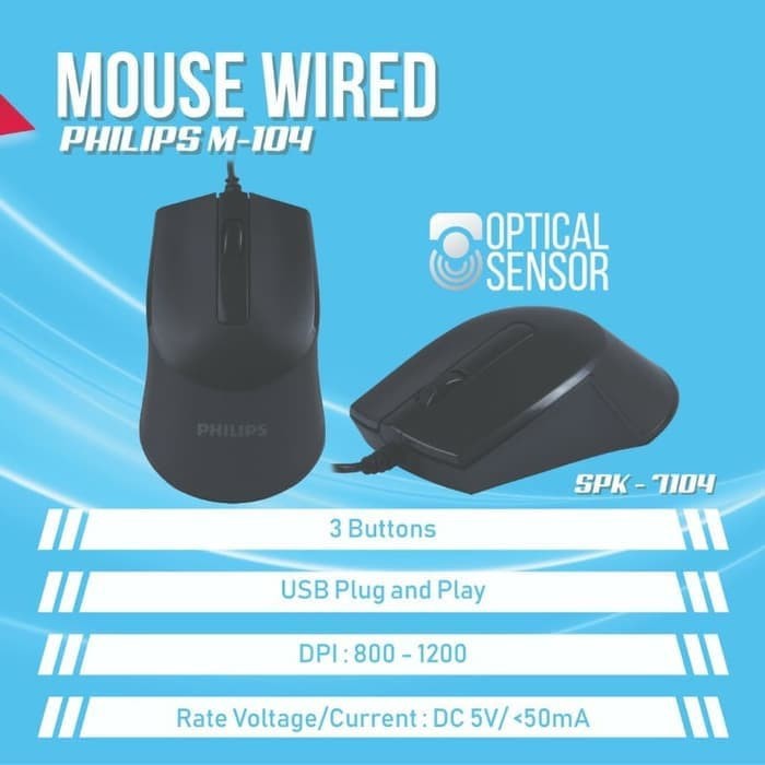 Philips M104 PH-SPK7104 Wired Mouse USB Optical Sensor M-104 original