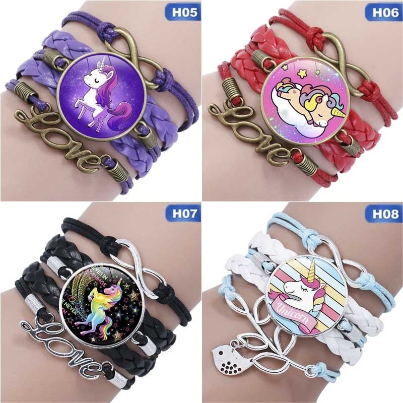 Unisex Unicorn Time Gemstone Glass Bracelet Handmade Multilayer Woven Leather Infinity Bracelet