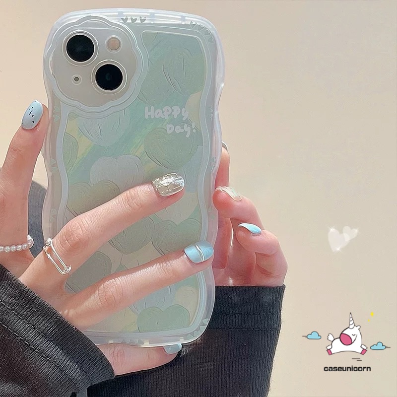 Soft Case TPU Motif Lukisan Minyak Hati Hijau Untuk iPhone 13 11 12 Pro MAX XR X XS MAX 6 6s 7 8 Plus SE 2020