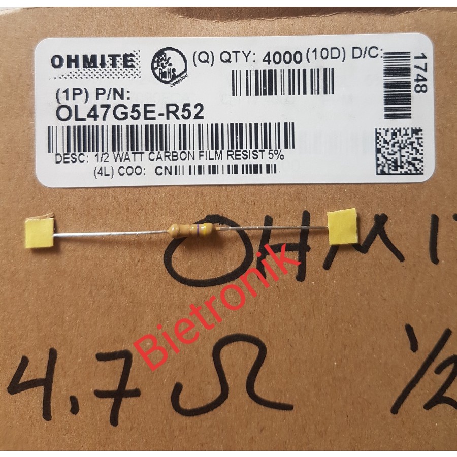 Resistor 4.7 Ohm 4R7 1/2W 5% Carbon Film Merk OHMITE
