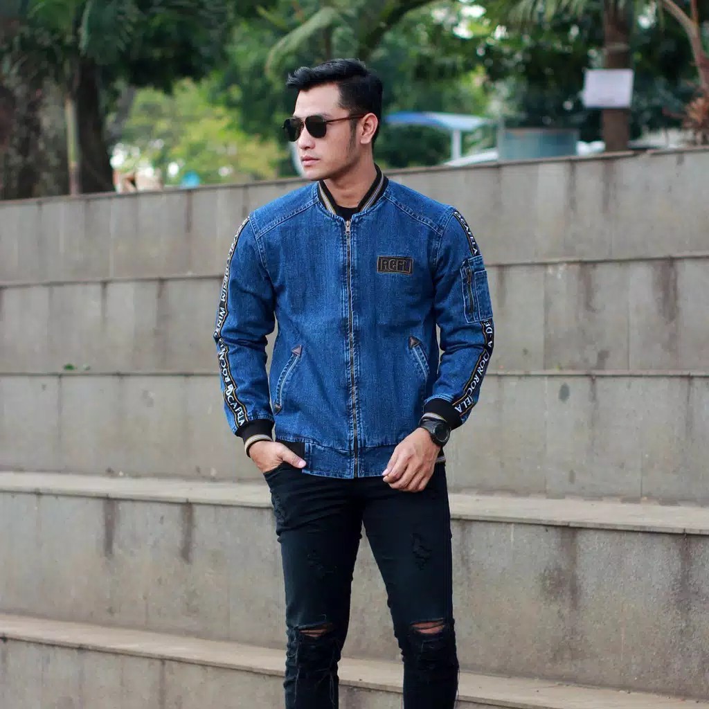 [SIAP KIRIM] JAKET JEANS PRIA BOMBER JEANS TAPING 2 ROCAFELA DENIM COWOK ORIGINAL RCFL SENWASH