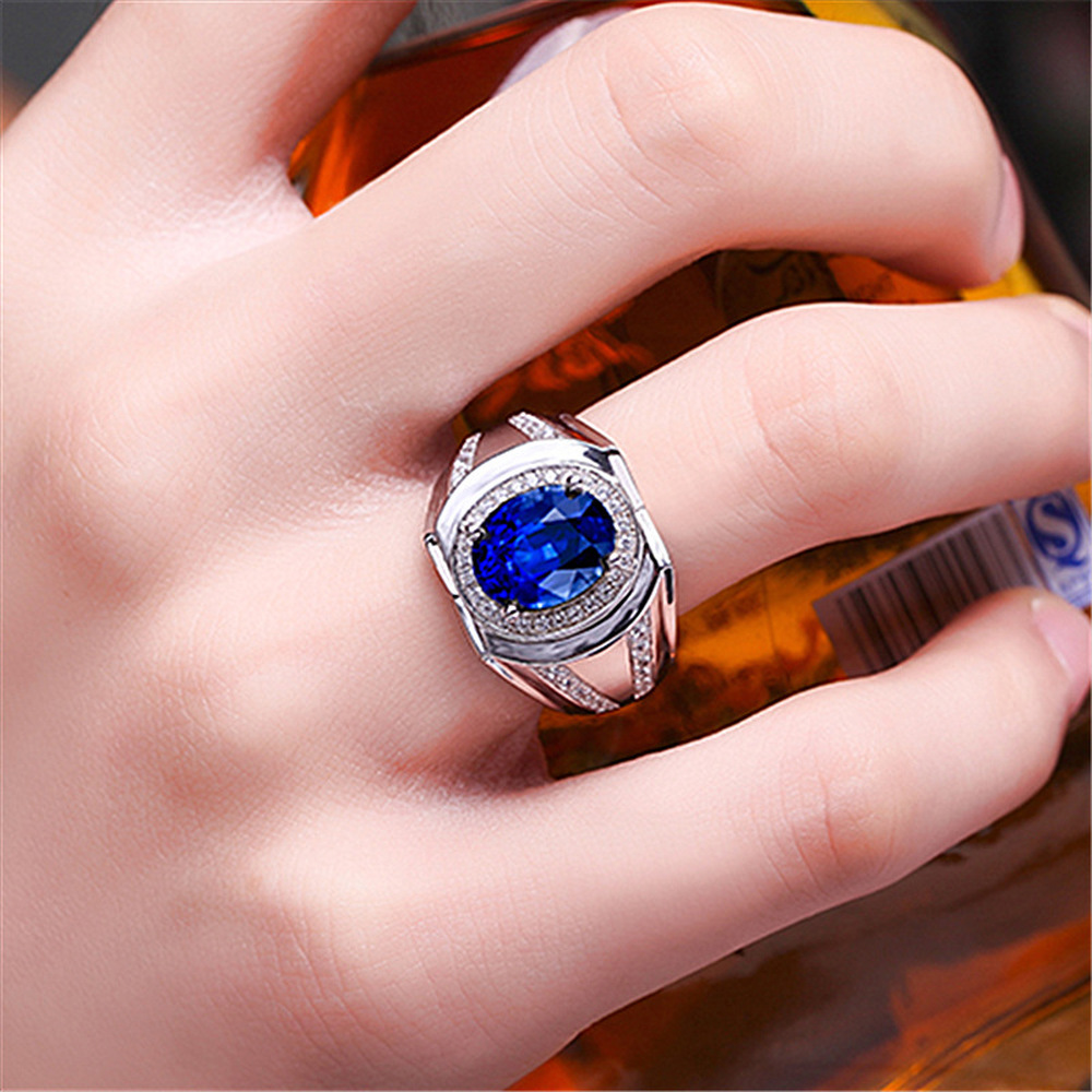 Baru Mewah Safir Platinum Cincin Berlian Zirkon Kristal Biru Perhiasan Fashion Pria Perak Rings