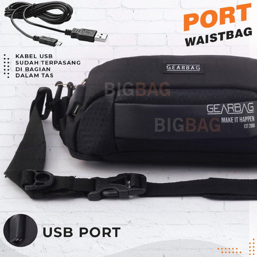 2 IN 1 PORT - Gear Bag HAGO Port 13137 - WITH EARPHONE HOLE + USB  Waistbag Selempang Pria