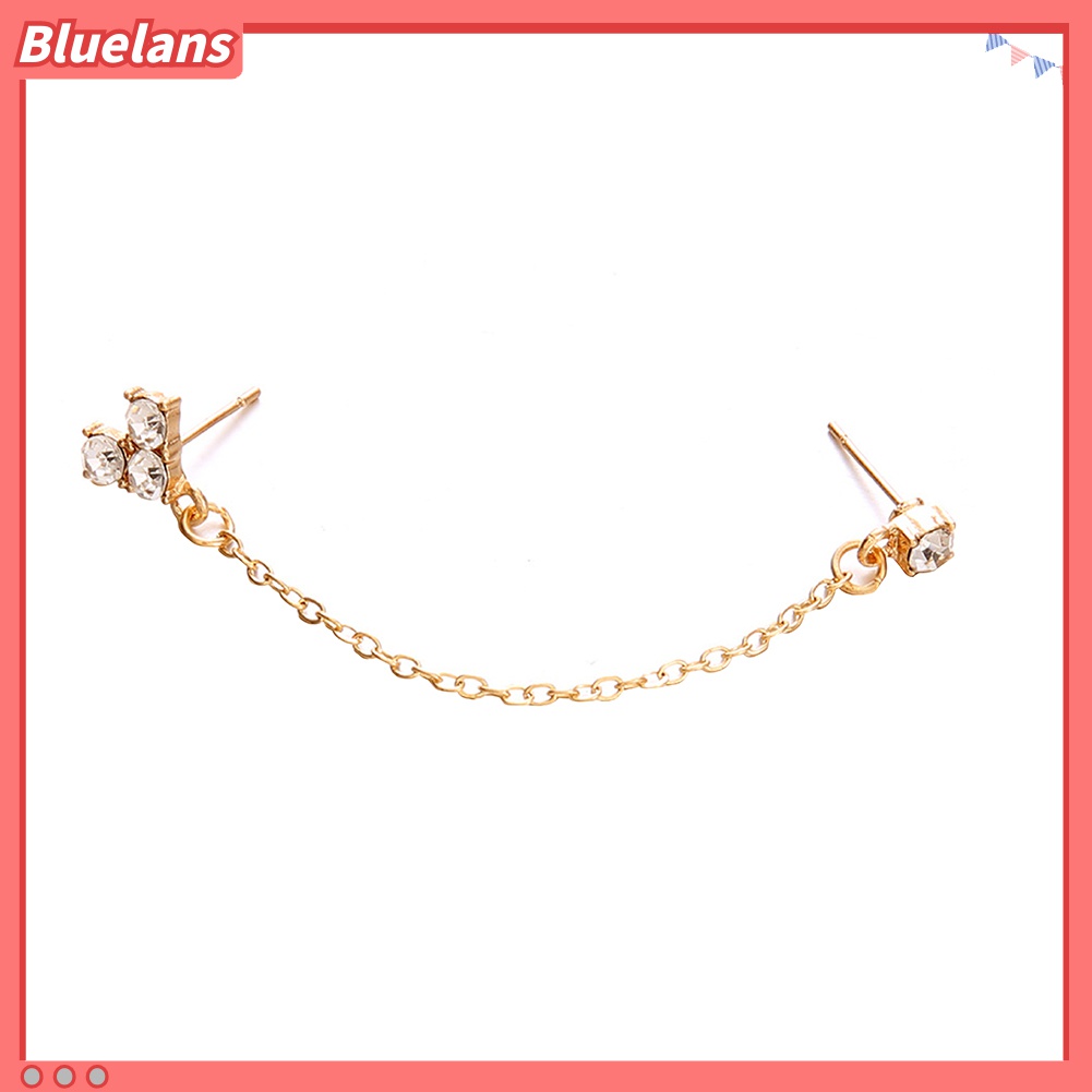 1 Pc Anting Stud Rantai Berlian Imitasi Bentuk Hati Ganda Warna Emas