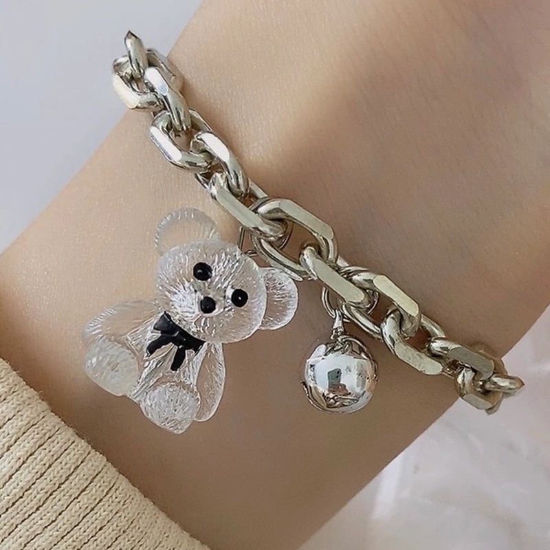 Gelang Rantai Liontin Bola Beruang Bahan Resin Alloy Warna Silver Untuk Wanita