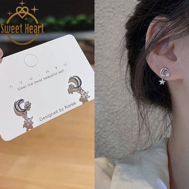 Anting S925 Silver Needle Desain Hati Bulan Bintang Aksen Zirkon Gaya Korea Untuk Wanita