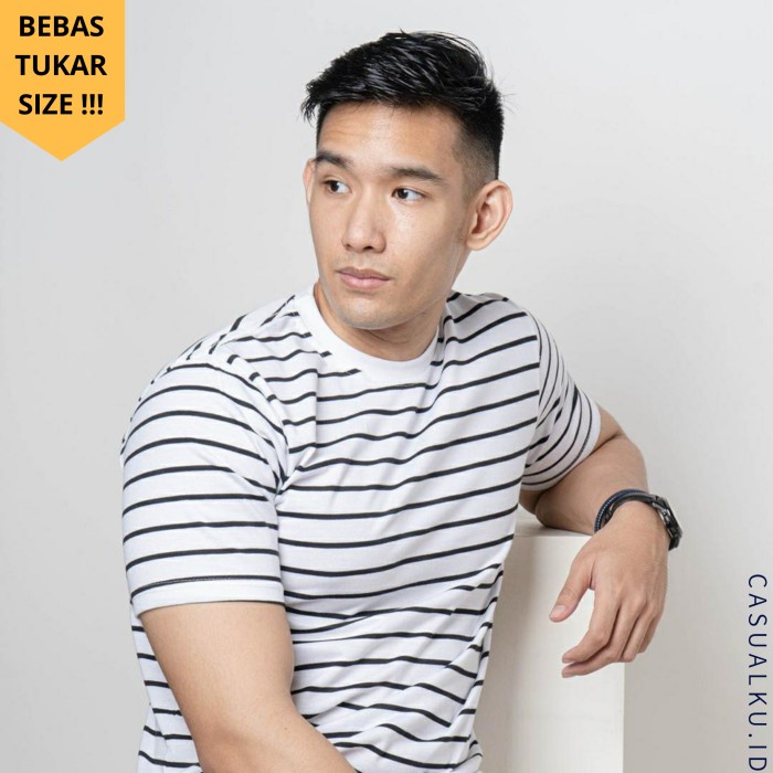 Kaos Strip Baju Kaos Stripe Pria Tshirt Stripe Warna Putih Hitam - S