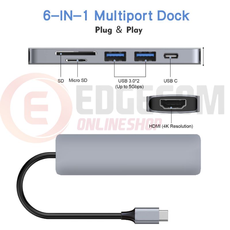 USB 3.1 Type C 6in1 to HDMI 4K, USB 3.0, Card Reader, Type-C PD HUB Converter