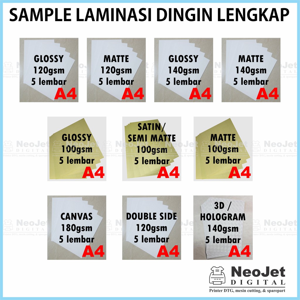 

Sample Laminasi Dingin Lengkap A4 Glossy Matte Satin 3D Hologram Canvas Kanvas Double Side Tape