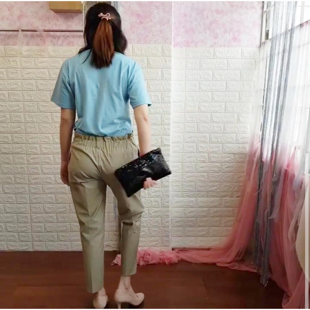 [baju wanita korea]  Celana Panjang Pensil Katun Karet Pants Wanita Korea Import