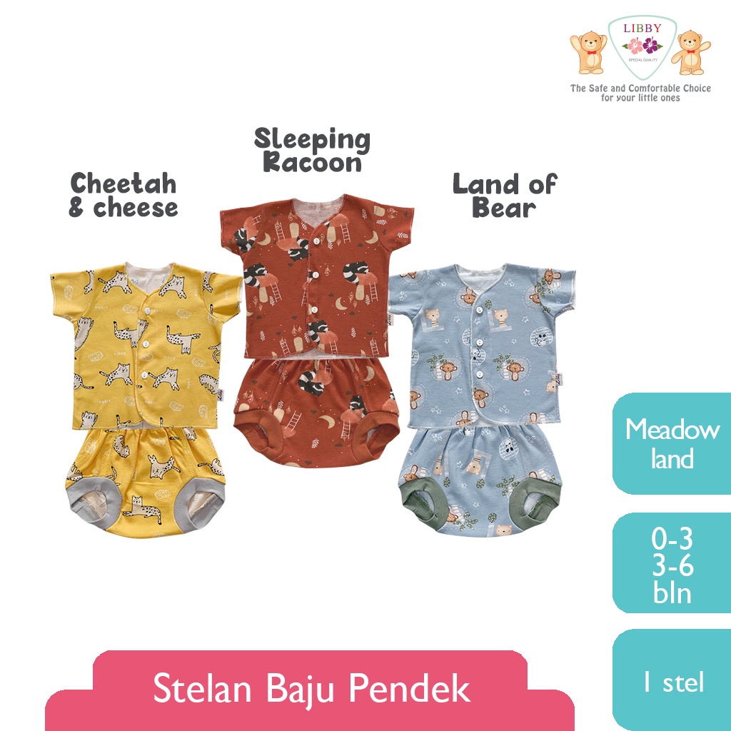 Baju Bayi Setelan Pendek Celana Pop LIBBY Newborn 0-6 Bulan Motif Meadow Land (1stel)