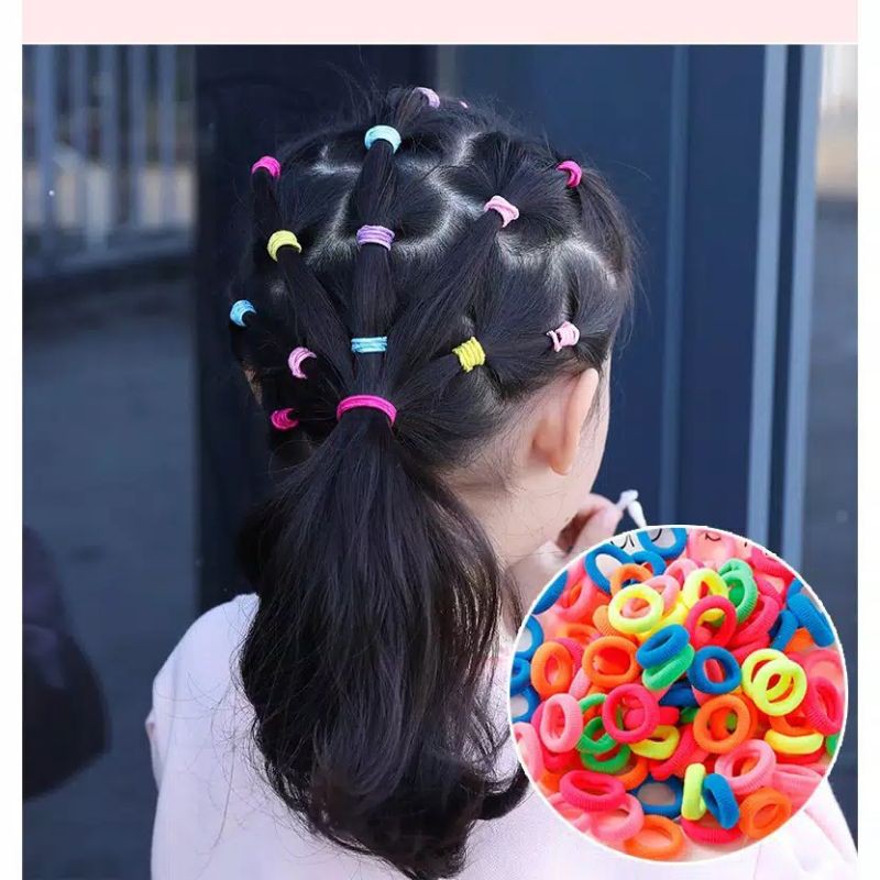 [ COD ] 100Pcs dan 50pcs Ikat Rambut + POUCH Lucu / Ikat Karet Donat Polos Warna Warni-6