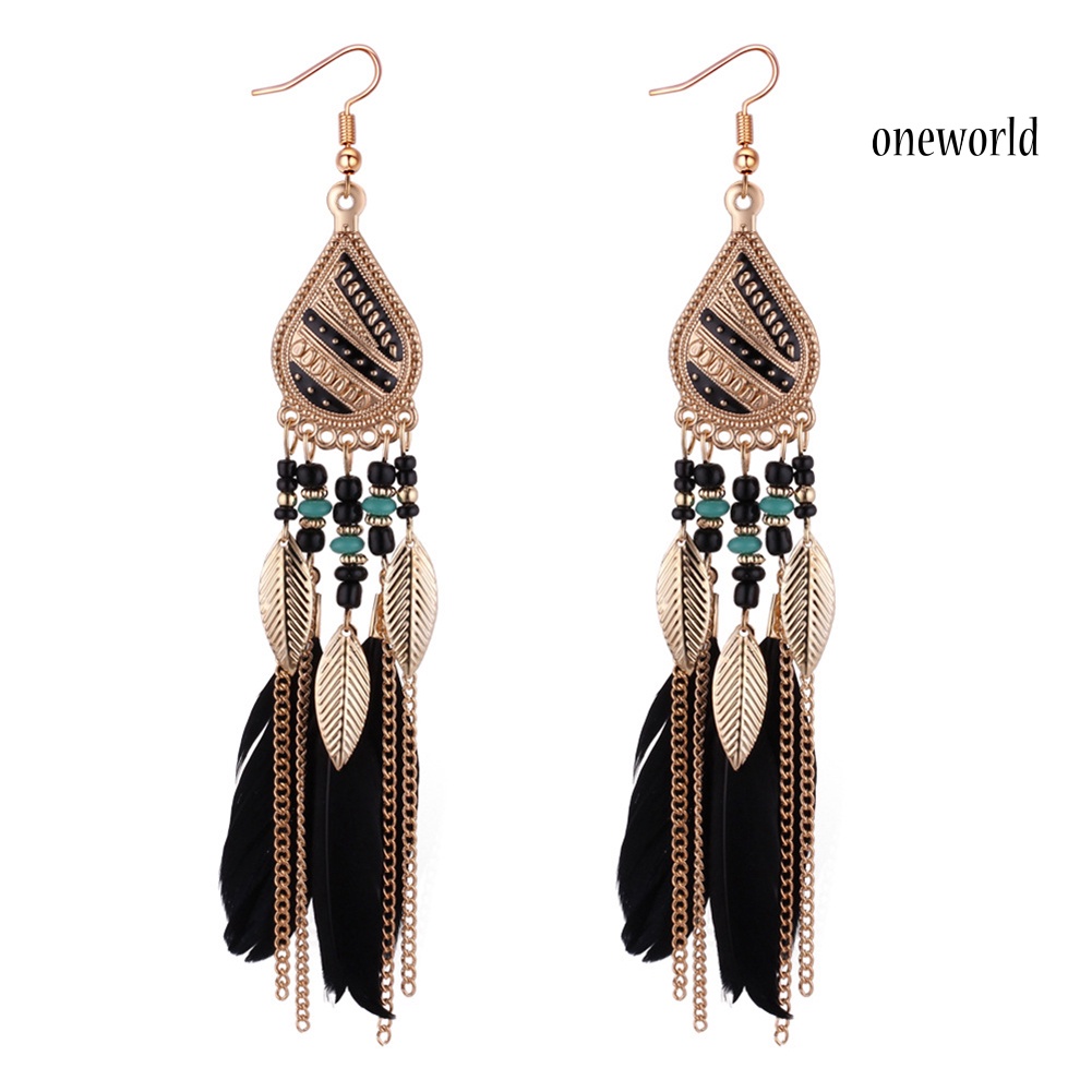 OW@ Vintage Elegant Long Pendant Dangle Hook Feather Earrings Women Jewelry Gift