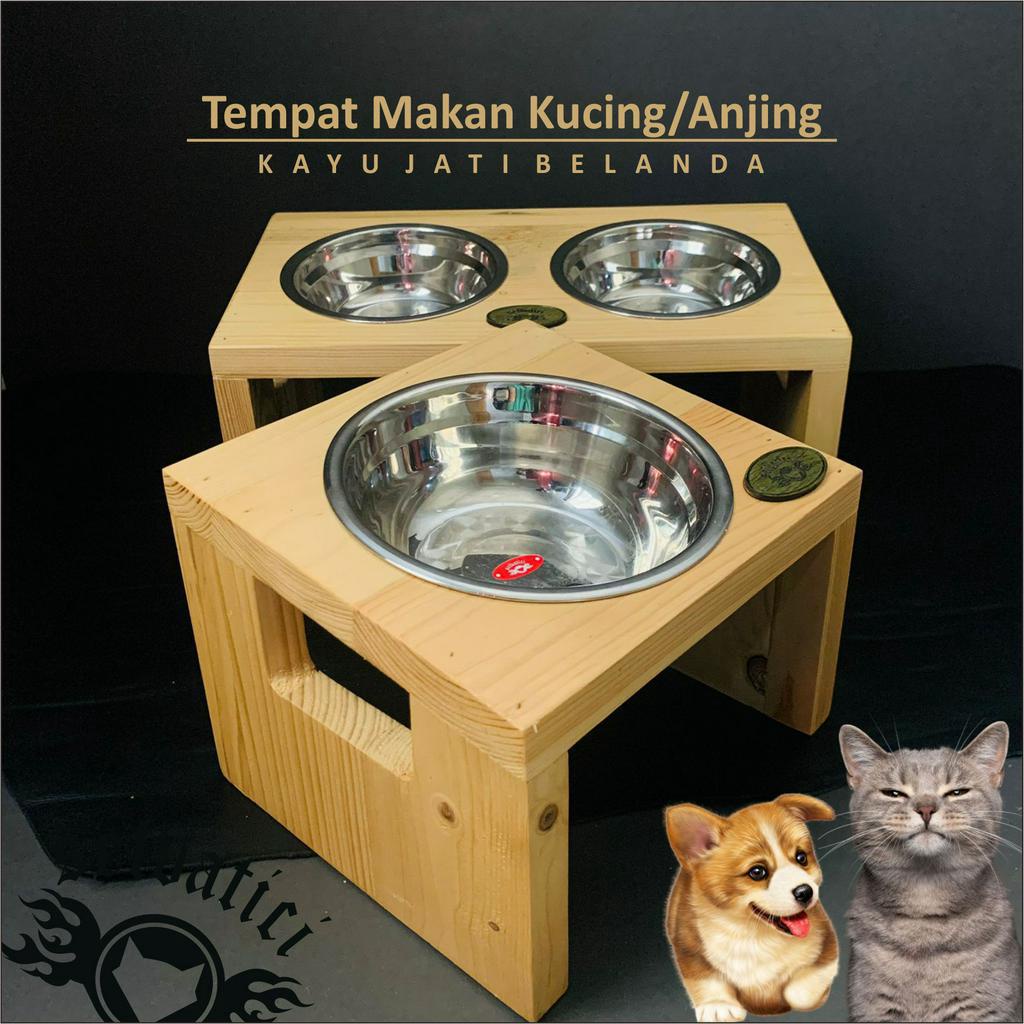 Tempat makan kucing anjing kayu estetik kuat bahan kayu jati belanda (selvatici)