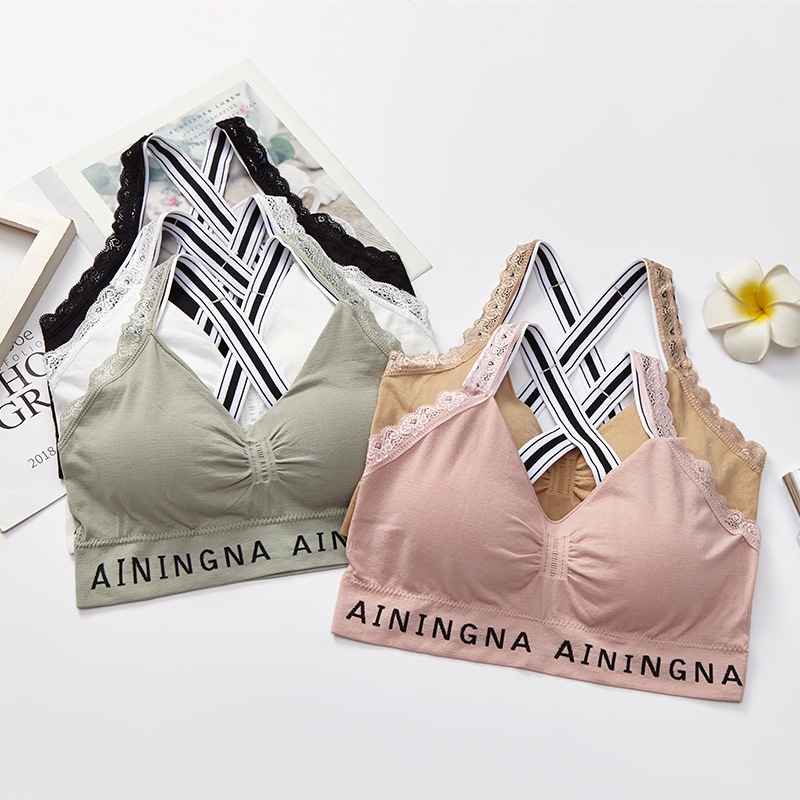 ❀ Chingu ❀ PW131 COD Sport Bra Wanita Sexy Silang Renda Olahraga Yoga Gym Nyaman Import Surabaya