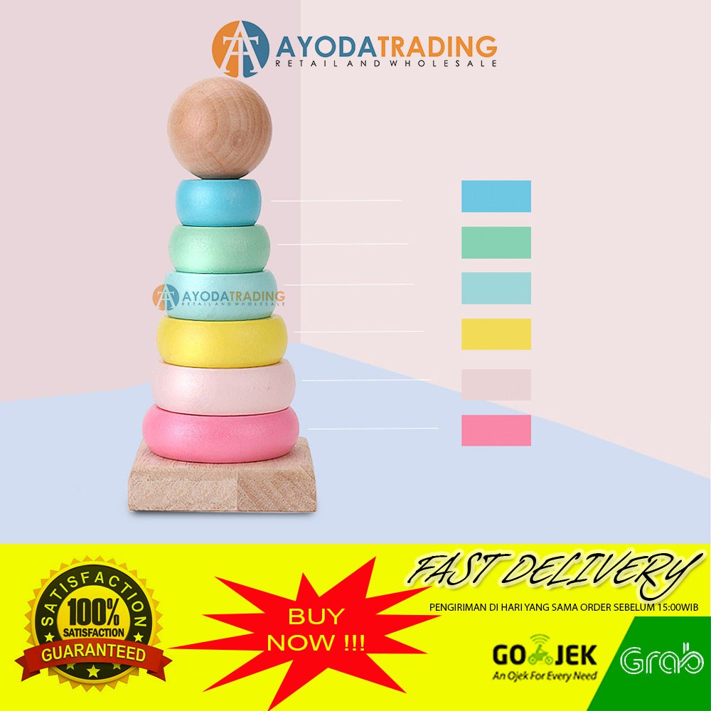 Mainan Kayu Edukasi Bayi Rainbow Tower Pastel Salem Mini