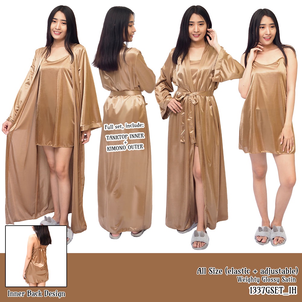 FOLVA bridesmaid kimono set baju tidur satin 1337GSET gold all size