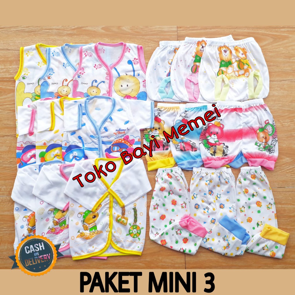 Paket baju bayi dan celana bayi MINI 3 isi 18 pcs bahan katun