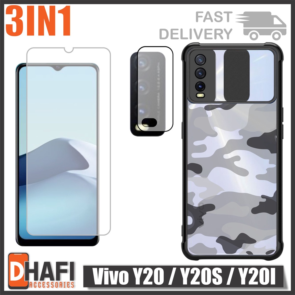 Case Vivo Y20 / Y20s / Y20i Paket 3in1 Softcase Slide Army Free Tempered Glass Layar Dan Tg Camera