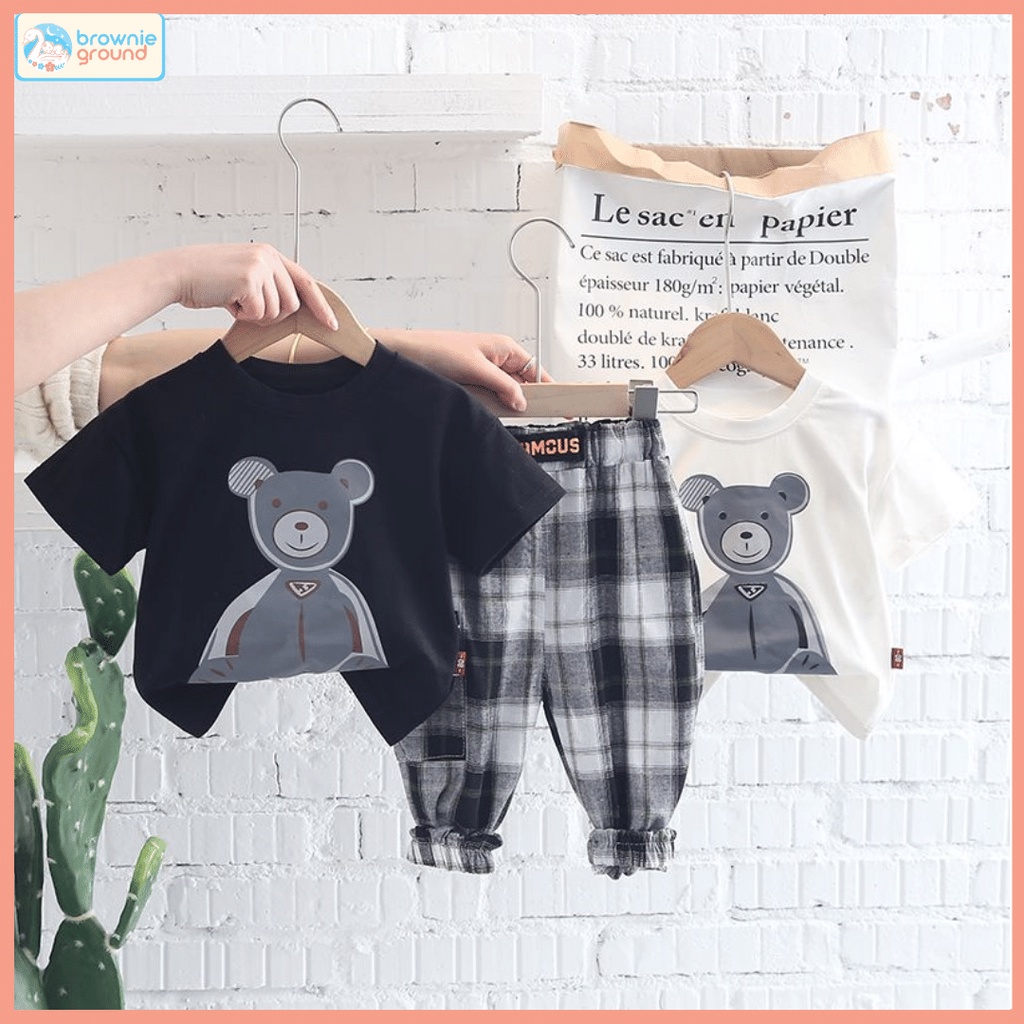 [COD]  Setelan anak laki laki model FOMOUS Baju baby impor 0-5 Tahun baju impor korean kotak lucu / brownieground