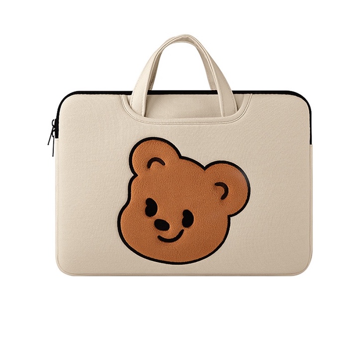 Sleeve Pouch Sarung Tas Bag Case Ipad Tab Tablet Macbook Air Pro Laptop Asus Acer Lenovo HP Huawei 11 12 13 14 15 inch Motif Gambar Beruang Bear Warna Putih Krem Coklat White Brown Lucu Cute Murah Korean Model Tali Jinjing Banyak Slot Ruang Stationary