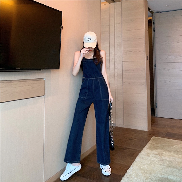 Suspender Celana Kodok Dark Denim Wanita Korea Style High Waist Pelangsing Jumpsuit HongKong Gaya Chic Lebar Kaki