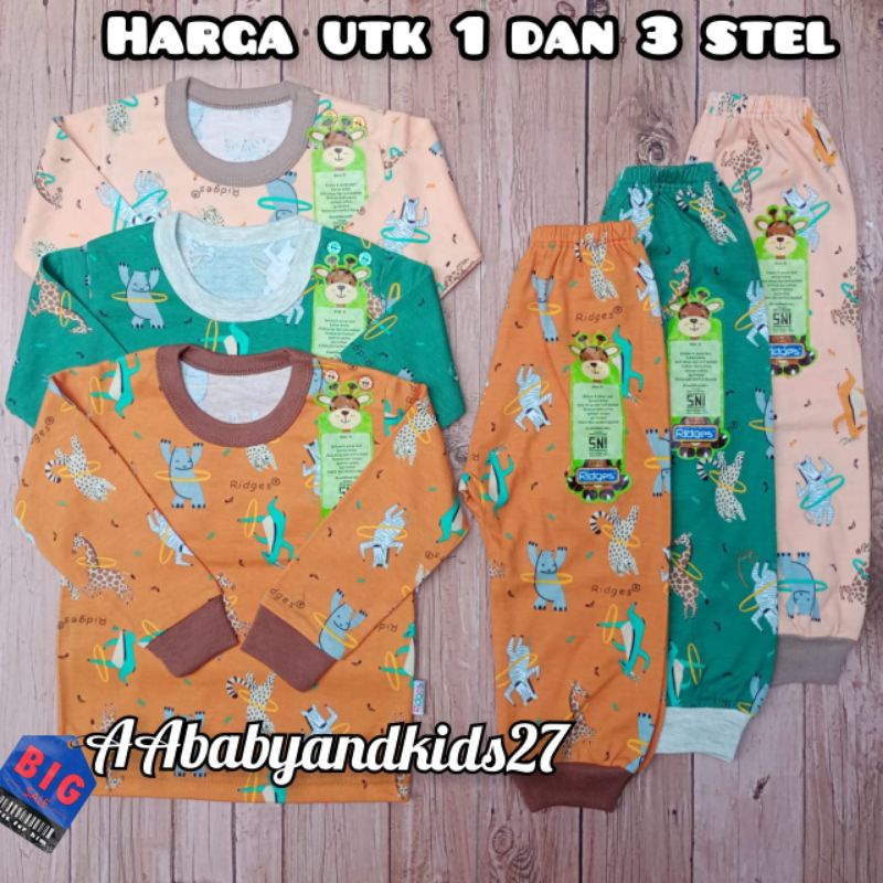 3Pasang Setelan Ridges Lengan Panjang Kancing Bahu Full Print Dino Parasut Ukuran S M L XL SNI