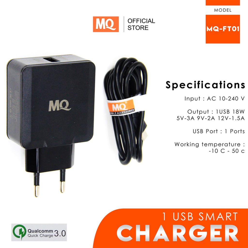 MQ Charger Qualcomm 3A 18W QC 3.0 with Cable Quick Charger Original MQ FT-01 - Garansi 1 tahun