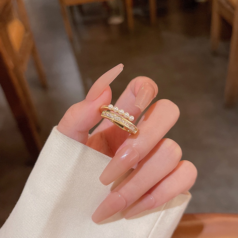 Cincin Jari Telunjuk Lapis Ganda Aksen Mutiara Zirkon Untuk Wanita