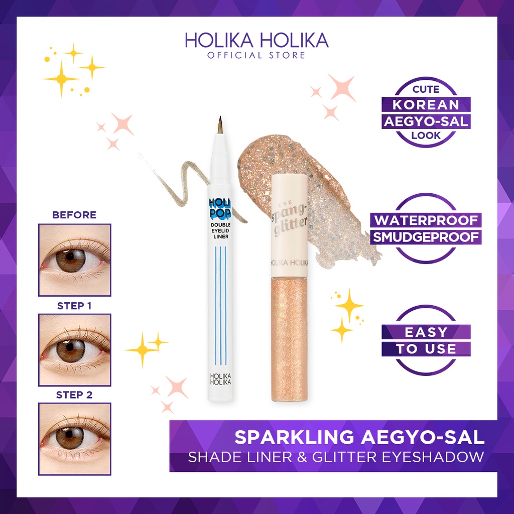 Holika Holika Bundle | Holi Pop Double Eyelid Liner & Eye Spanglitter | Aegyosal Maker & Glitter Liq