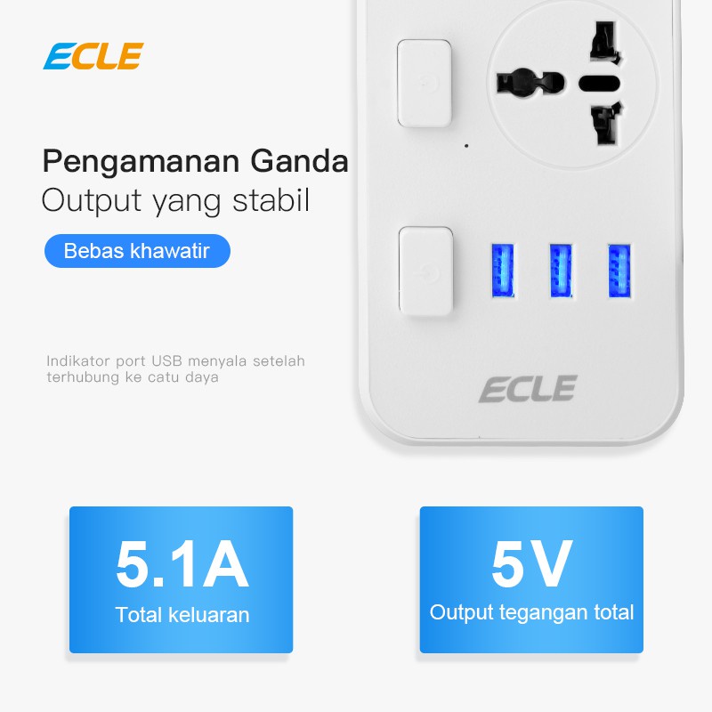 ECLE Stop Kontak Listrik Fast Charging - Power Strip Colokan Listrik Universal 110V - 250V dengan 3 USB Port 5V, 1A + Switch button dan Indikator LED - Panjang Kabel 2 Meter