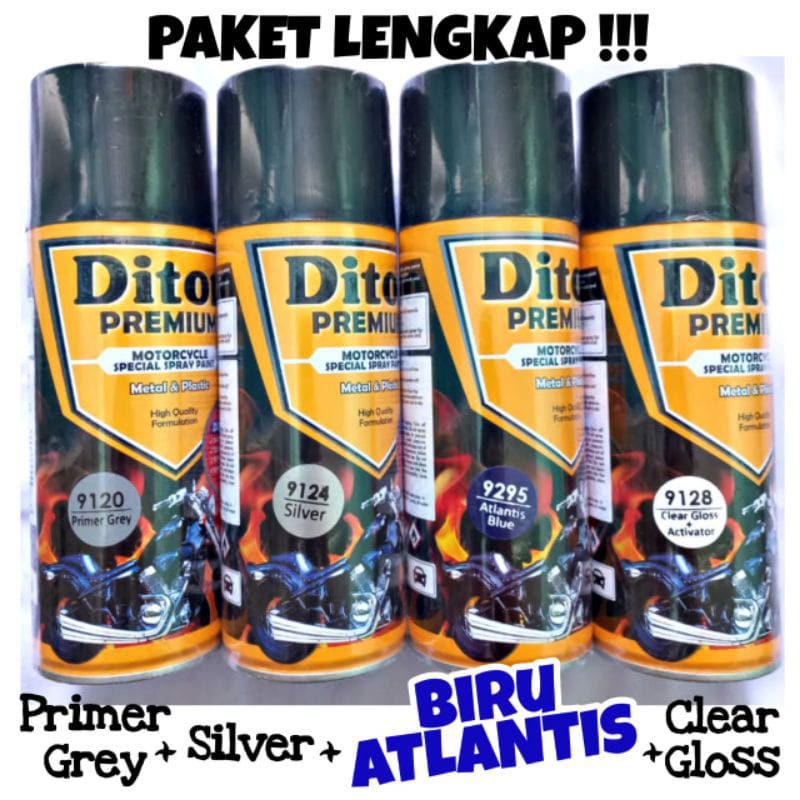 Paket Pylox Diton Premium 400ml Primer Grey 9120 + Silver 9124 + Atlantis Blue 9295 + Clear 9128 , B