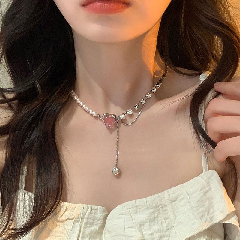 Kalung Mutiara Bandul Love Pink Necklace Korea Premium Aksesoris Wanita