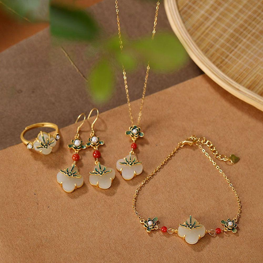 Mxbeauty Perhiasan Gaya Cina Perhiasan Pernikahan Retro Hadiah Enamel Cincin Antik Tembaga Anting Giok