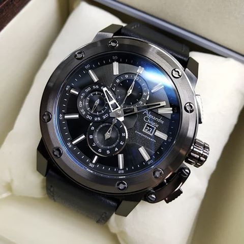 am Tangan Pria Alexandre Christie AC 6519 MC leather black ORIGINAL