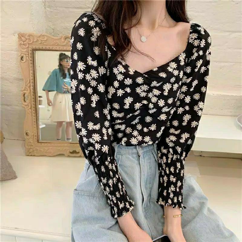 PAULA DAISY LONGSLEVEE - Blus Sabrina Wanita Lengan Puff Motif Bunga Daisy Gaya Korea Blouse Wanita-5