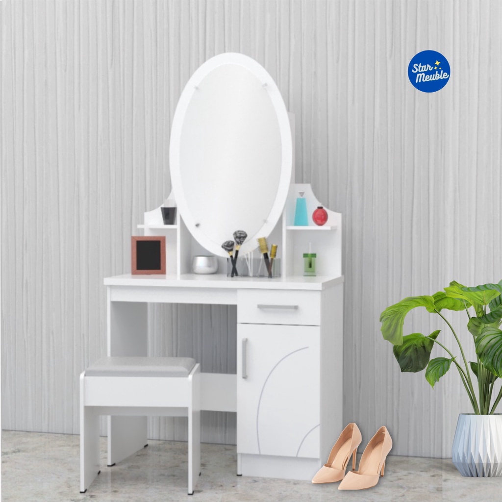 Set Meja Rias dengan Kursi Bangku Meja Kosmetik Meja Makeup Kaca Oval Sliding Geser Minimalis Matken