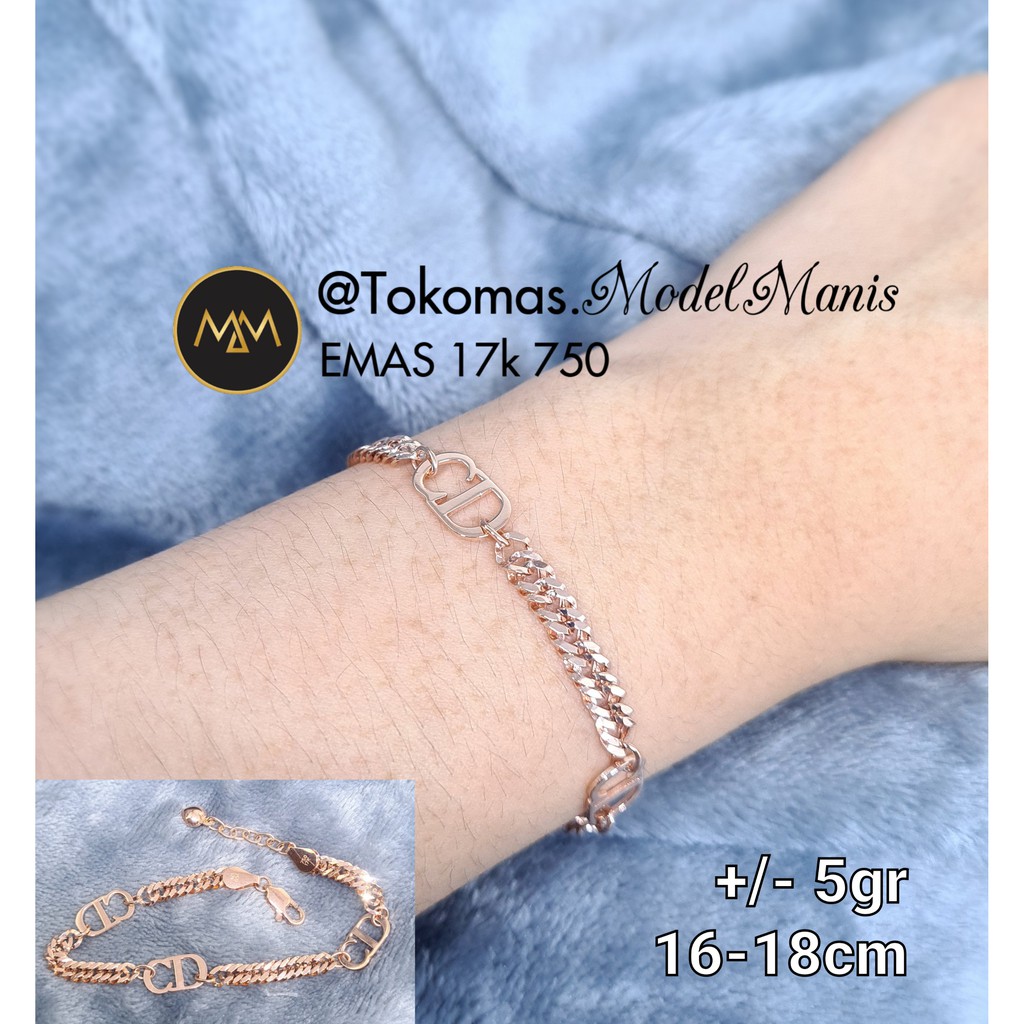 Gelang Cristia* Dior CD fashion kombinasi sisik naga polos emas rosegold 750 kadar 17K