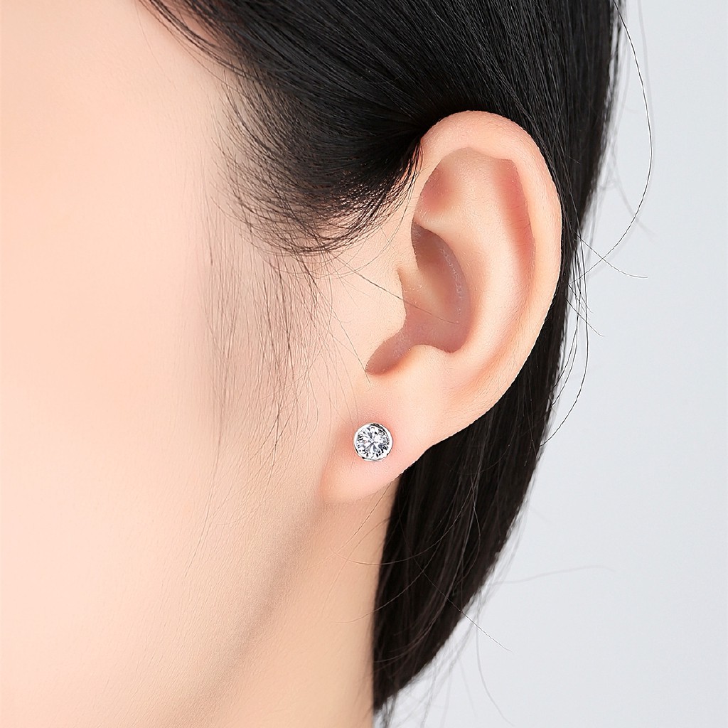 Anting-anting pejantan Bezel berlian tunggal berlapis 18 k Platinum Platinum emas Moissanite perempuan anting karat berlian ai2-799-2