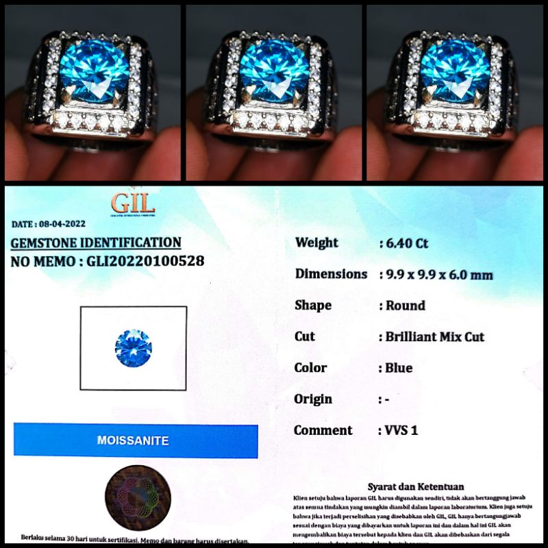 CINCIN BATU PERMATA BLUE MOISSANITE INCLUDE MEMO