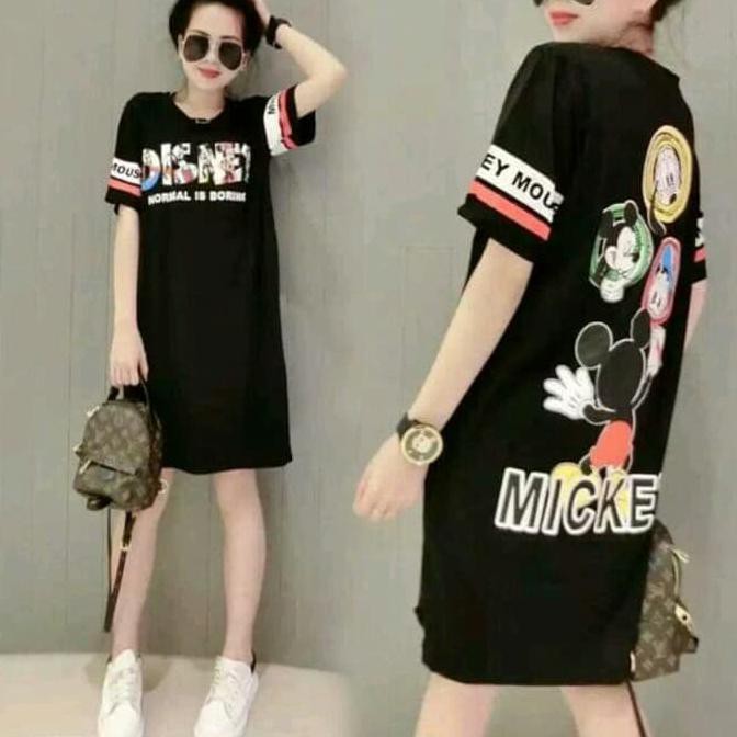 PRODUK TERBARU KAOS MINI DRESS SANTAI WANITA XL HITAM/ PUTIH MICKEY MOUSE DISNEY ERIN BAHAN HALUS