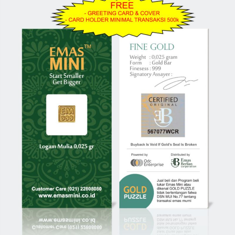 Emas Mini 0,025 gr - Mini Gold 0,025 gr - Logam Mulia 0,025 gr - Tersedia Box atau Kotak Kado - Free Greting Card &amp; Cover - Free Card Holder*