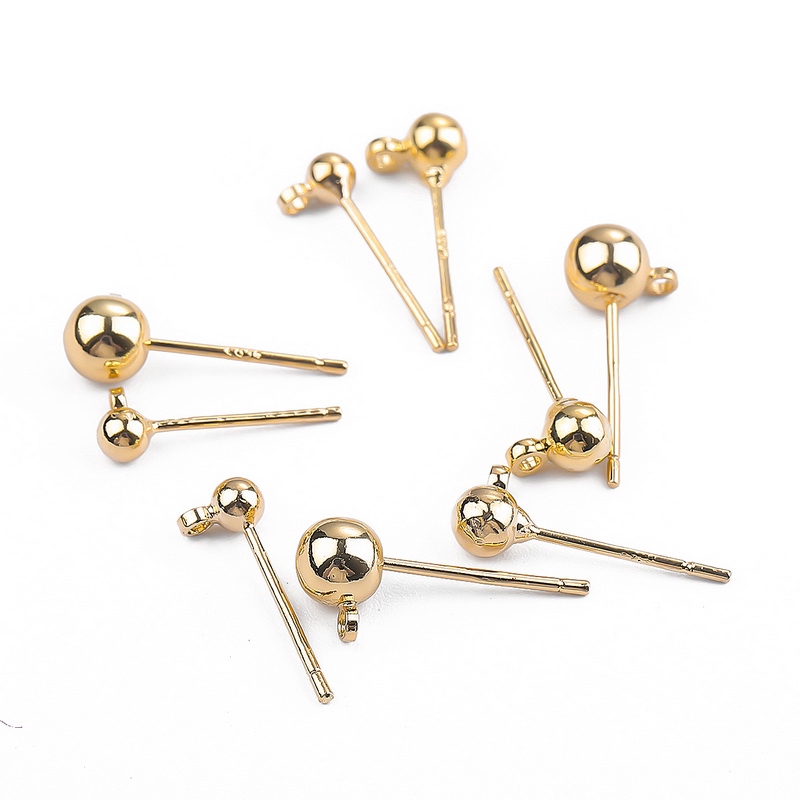 10pcs Anting Stud Bola Bulat Lapis Emas 18k Dengan Konektor Dasar Anting Loop Untuk Membuat Perhiasan