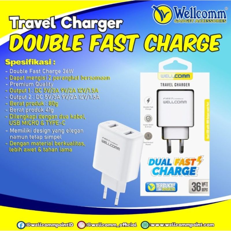 Charger Double USB FAST CHARGER | VOOC | 36W TYPE-C - MICRO USB original wellcomm