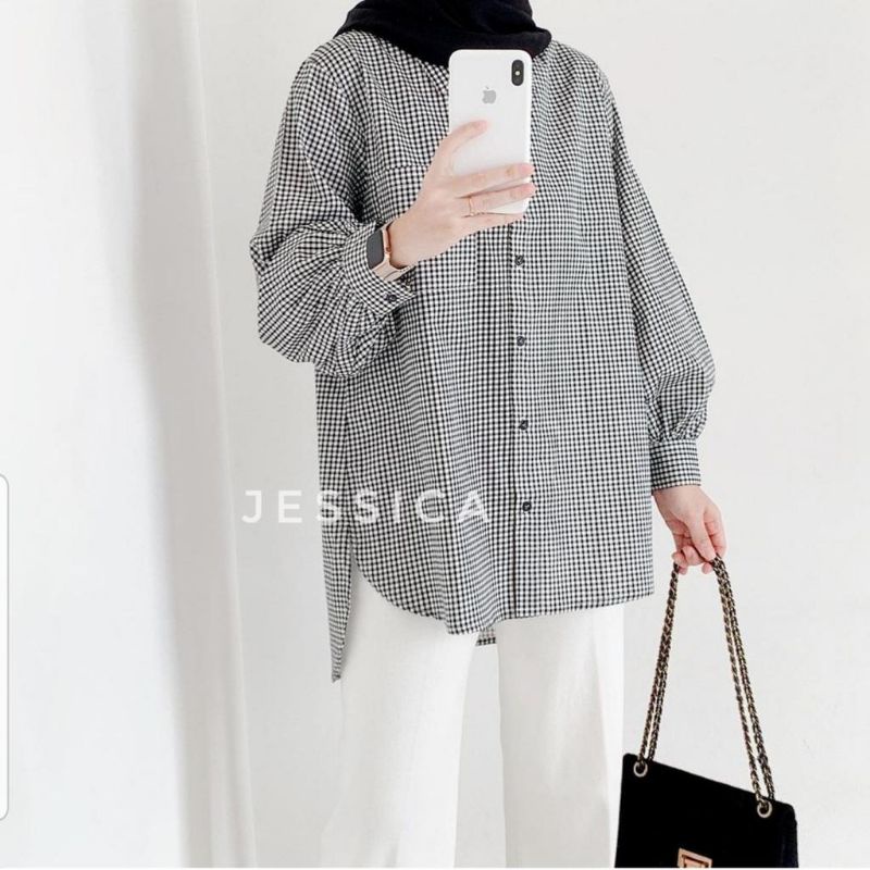 Kemeja wanita Oversize Ld 110 model balon elegan katun premium kotak kecil-3