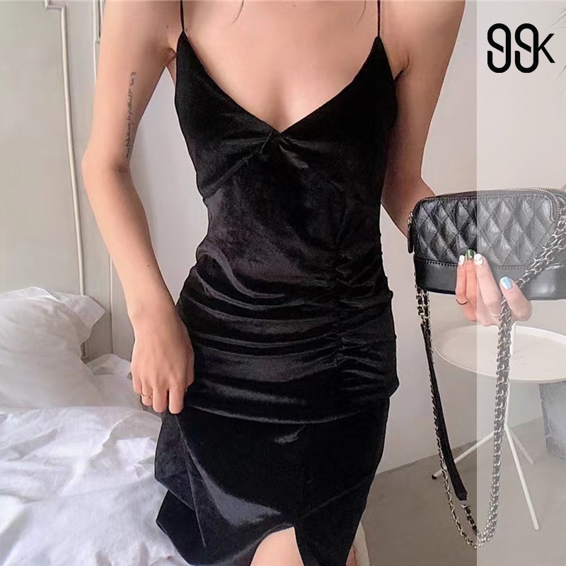 Sexy Velvet Midi Dress Wanita Beludru V Neck 1049 (S-XL)