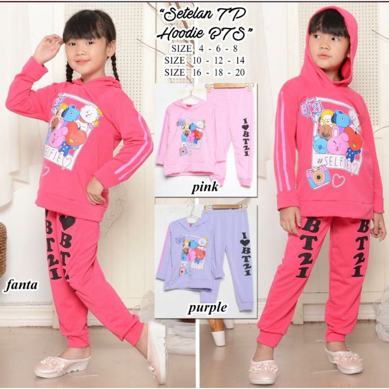 Setelan Joger Hoodie Anak Perempuan BTS BT21 PP training One Set Hoodie Setelan Jogger Setelan Anak 