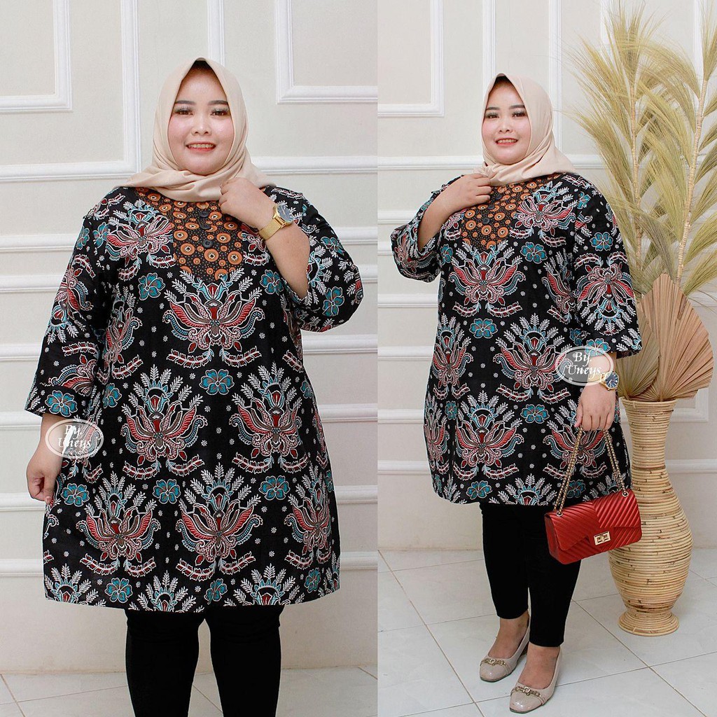 Tunik Batik Wanita Ukuran Jumbo LD 140cm Resleting Belakang Bahan Katun Adem Di Pakai Serap Keringat